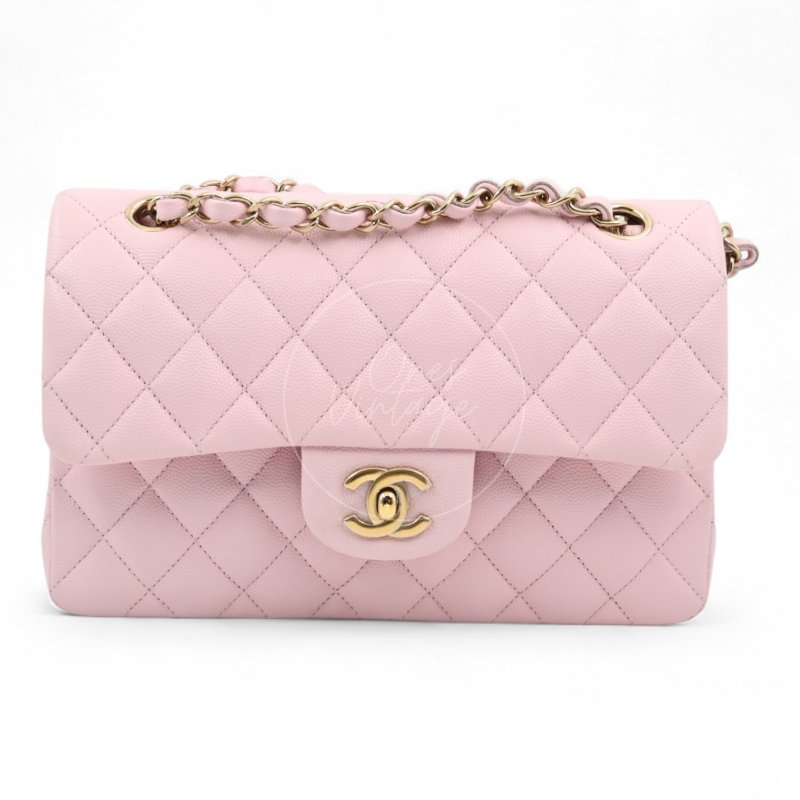 中古 Chanel 香奈兒 荔枝紋 22A系列 粉色小款經典雙層 23公分 翻蓋包-0