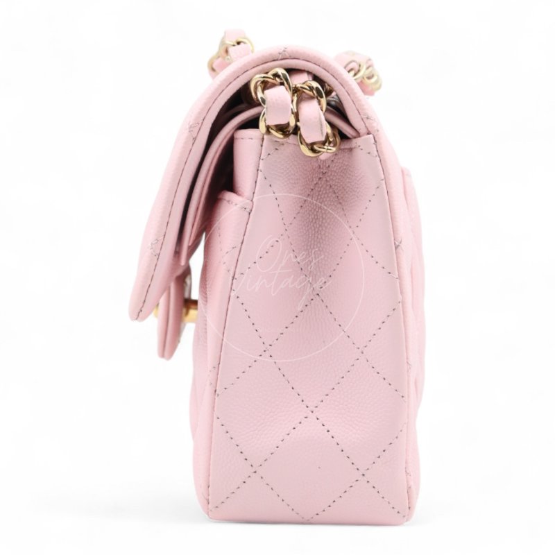 中古 Chanel 香奈兒 荔枝紋 22A系列 粉色小款經典雙層 23公分 翻蓋包-3