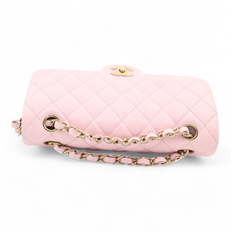 中古 Chanel 香奈兒 荔枝紋 22A系列 粉色小款經典雙層 23公分 翻蓋包-4