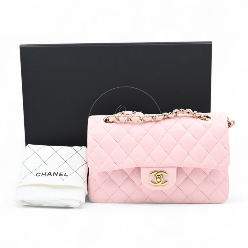 中古 Chanel 香奈兒 荔枝紋 22A系列 粉色小款經典雙層 23公分 翻蓋包-6