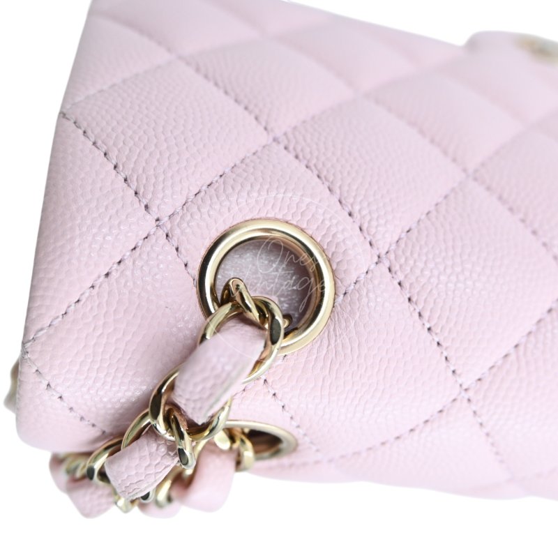 中古 Chanel 香奈兒 荔枝紋 22A系列 粉色小款經典雙層 23公分 翻蓋包-16