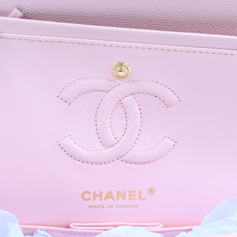 中古 Chanel 香奈兒 荔枝紋 22A系列 粉色小款經典雙層 23公分 翻蓋包-21