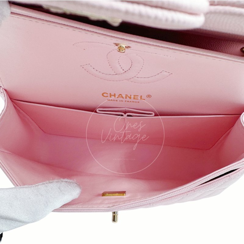 中古 Chanel 香奈兒 荔枝紋 22A系列 粉色小款經典雙層 23公分 翻蓋包-27