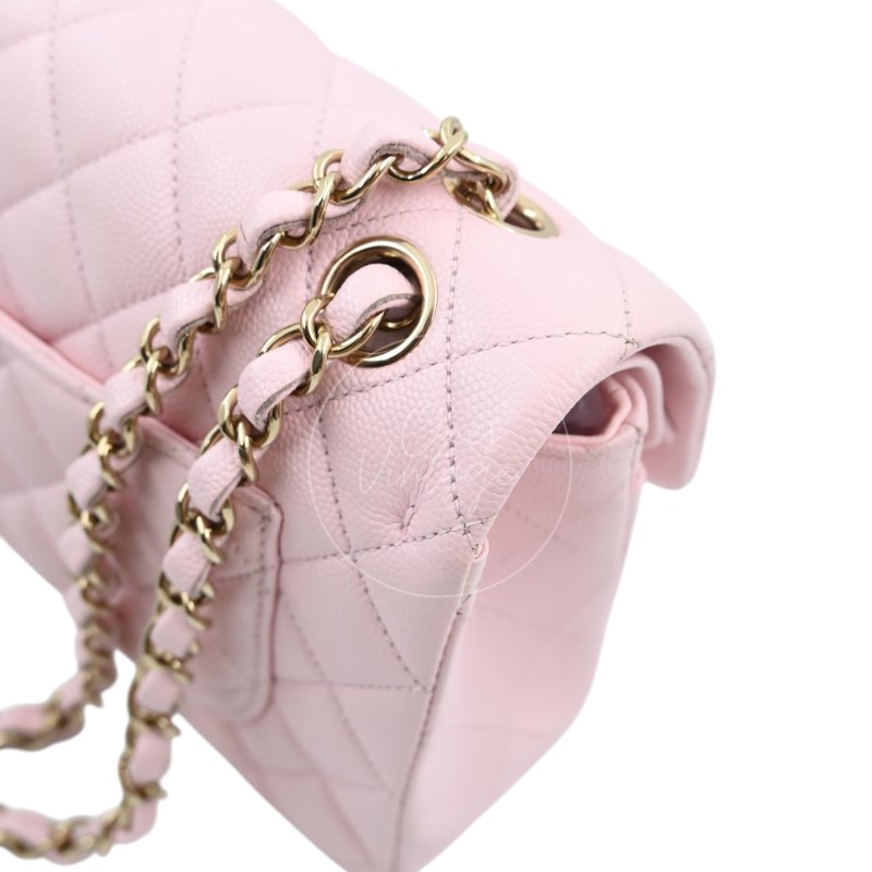 中古 Chanel 香奈兒 荔枝紋 22A系列 粉色小款經典雙層 23公分 翻蓋包-32