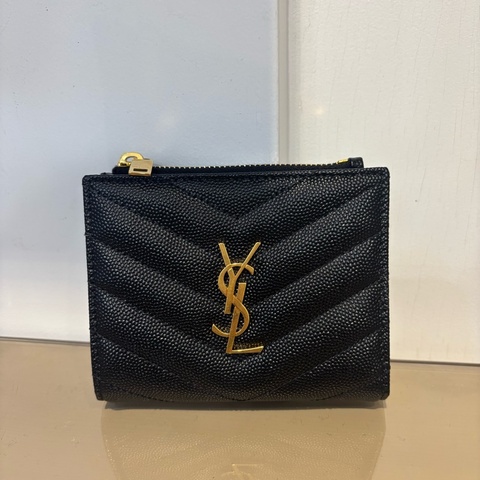 YSL 黑荔枝牛皮對開4卡短夾