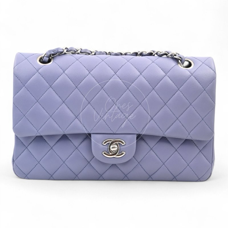 中古 Chanel 香奈兒 經典口蓋包 CF25 小羊皮 紫色 雙蓋款 15系列包包-1