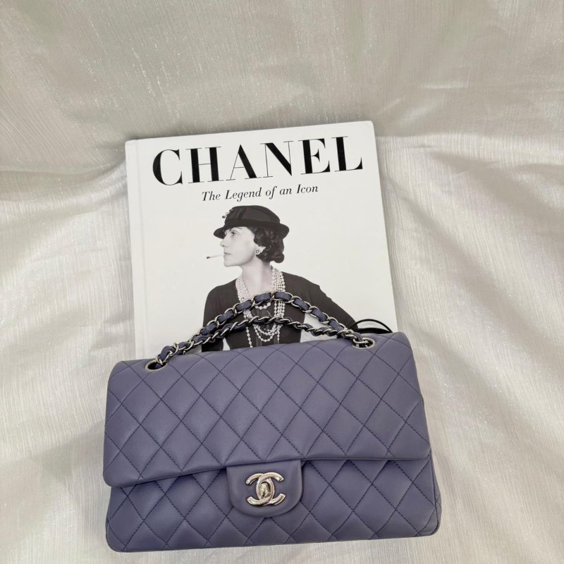 中古 Chanel 香奈兒 經典口蓋包 CF25 小羊皮 紫色 雙蓋款 15系列包包-0