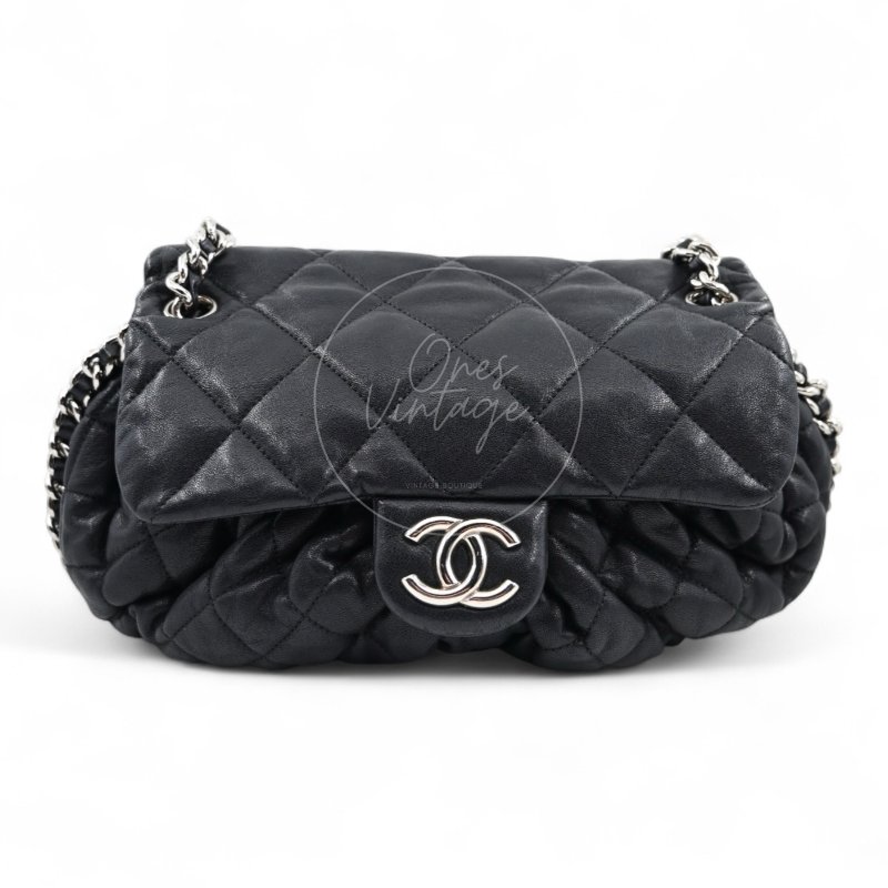 中古 Chanel 香奈兒 黑色 Caviar魚子醬皮革 環繞式鏈條 單肩包-1