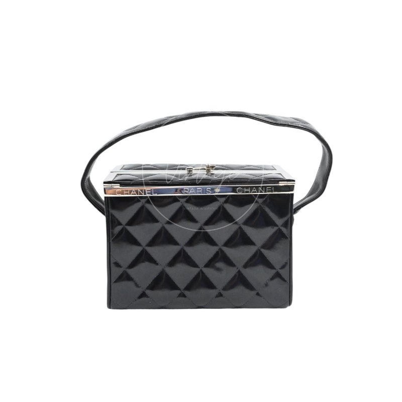 中古 Chanel 香奈兒 復古 黑色漆皮化 妝箱手提包-1