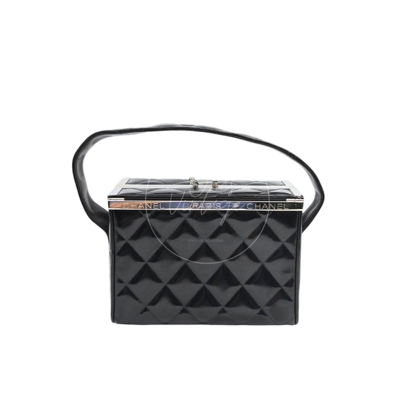 中古 Chanel 香奈兒 復古 黑色漆皮化 妝箱手提包-2
