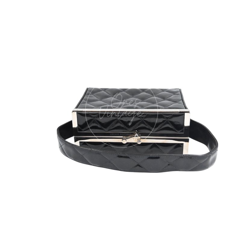 中古 Chanel 香奈兒 復古 黑色漆皮化 妝箱手提包-5