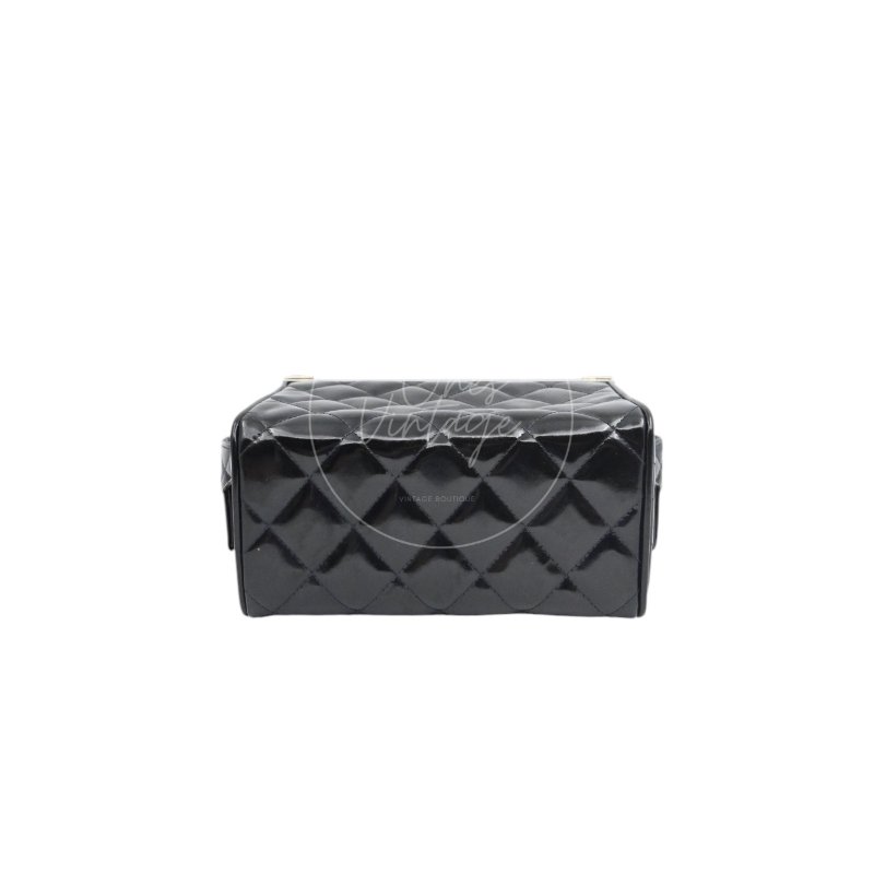 中古 Chanel 香奈兒 復古 黑色漆皮化 妝箱手提包-6