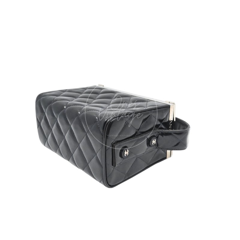中古 Chanel 香奈兒 復古 黑色漆皮化 妝箱手提包-8