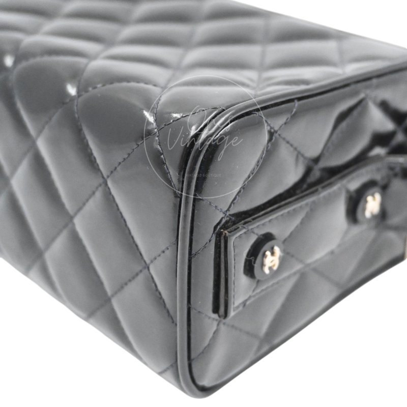 中古 Chanel 香奈兒 復古 黑色漆皮化 妝箱手提包-9
