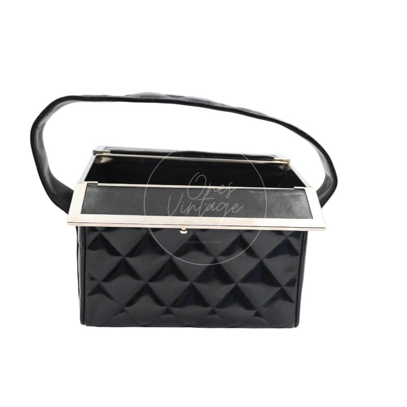 中古 Chanel 香奈兒 復古 黑色漆皮化 妝箱手提包-20