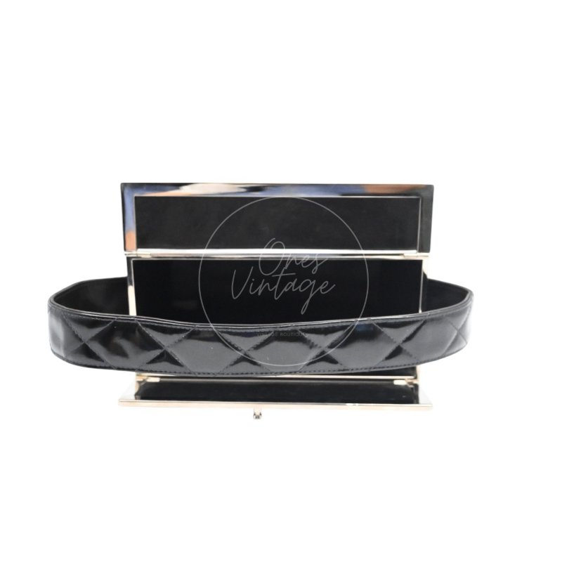 中古 Chanel 香奈兒 復古 黑色漆皮化 妝箱手提包-21