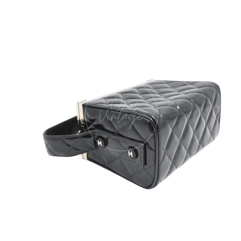 中古 Chanel 香奈兒 復古 黑色漆皮化 妝箱手提包-29