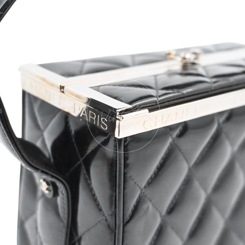 中古 Chanel 香奈兒 復古 黑色漆皮化 妝箱手提包-37