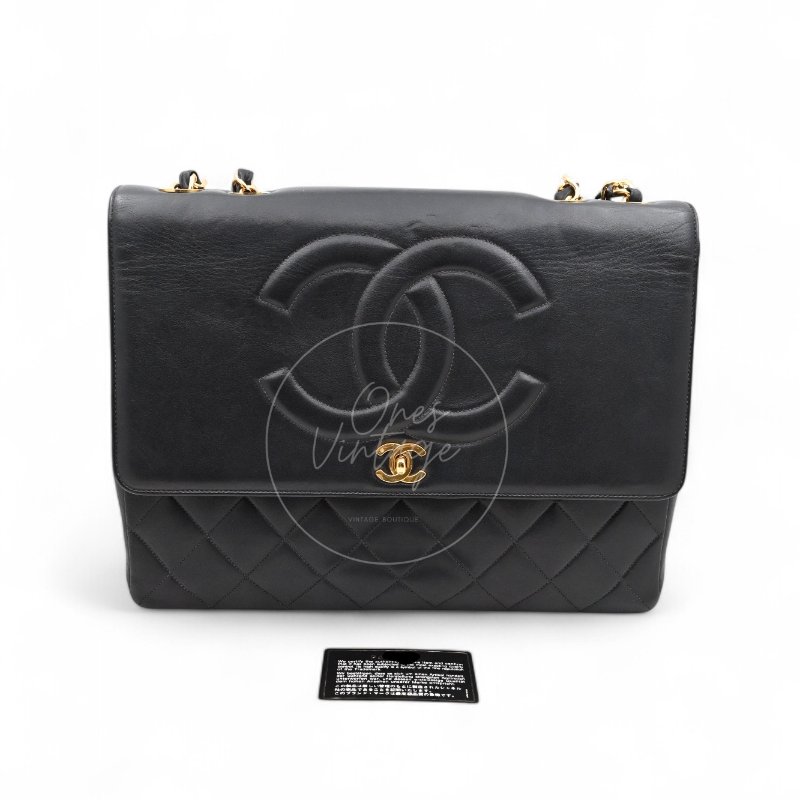 中古 Chanel 香奈兒 復古 Maxi 經典款 CC Logo 黑色小羊皮 直式翻蓋包-1