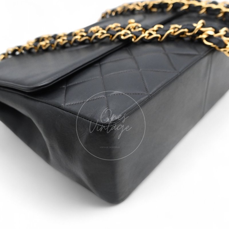 中古 Chanel 香奈兒 復古 Maxi 經典款 CC Logo 黑色小羊皮 直式翻蓋包-14