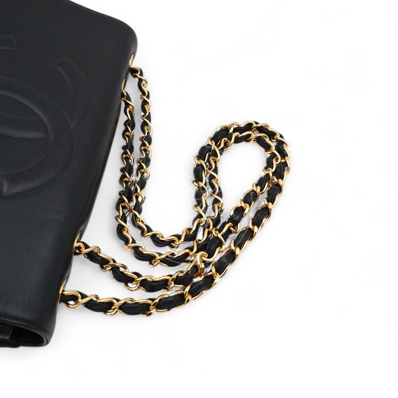 中古 Chanel 香奈兒 復古 Maxi 經典款 CC Logo 黑色小羊皮 直式翻蓋包-16