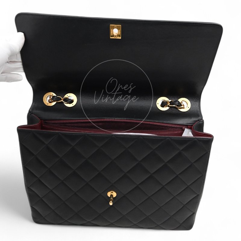 中古 Chanel 香奈兒 復古 Maxi 經典款 CC Logo 黑色小羊皮 直式翻蓋包-18
