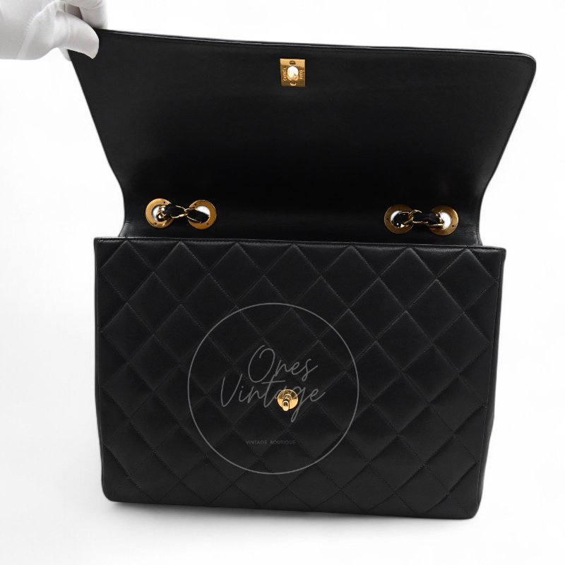 中古 Chanel 香奈兒 復古 Maxi 經典款 CC Logo 黑色小羊皮 直式翻蓋包-19