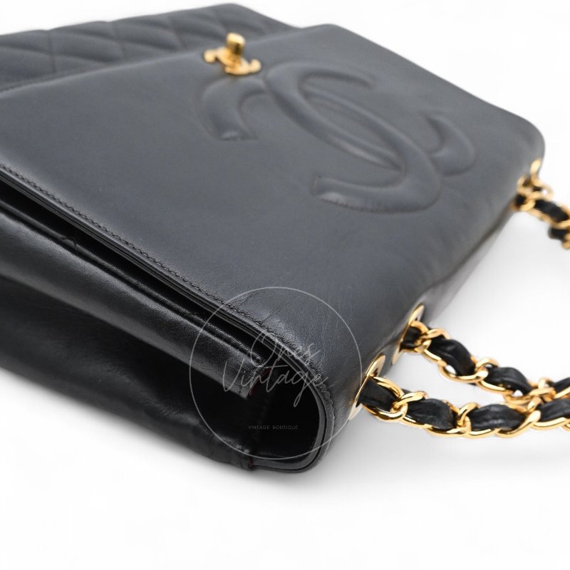 中古 Chanel 香奈兒 復古 Maxi 經典款 CC Logo 黑色小羊皮 直式翻蓋包-28