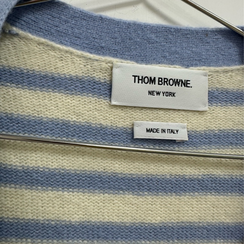 Thom Browne湯姆布朗藍粉拼色條紋羊絨開襟衫 38碼-2