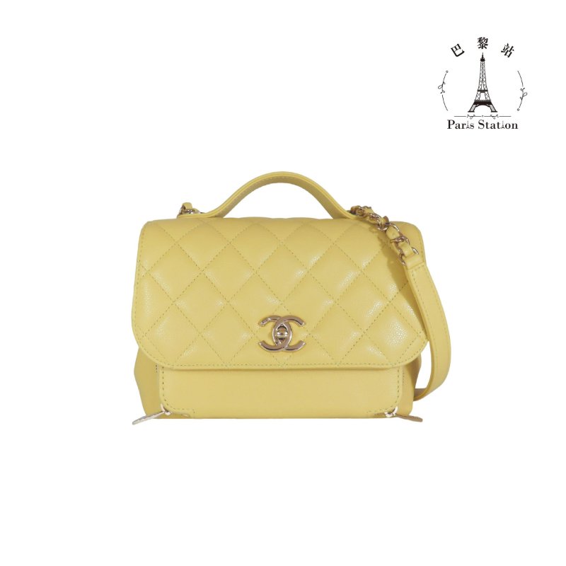 【巴黎站二手名牌專賣店】*現貨*CHANEL 香奈兒 真品*黃色荔枝皮革淡金雙C 郵差包 手提兩用包-0