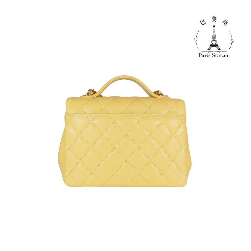 【巴黎站二手名牌專賣店】*現貨*CHANEL 香奈兒 真品*黃色荔枝皮革淡金雙C 郵差包 手提兩用包-1