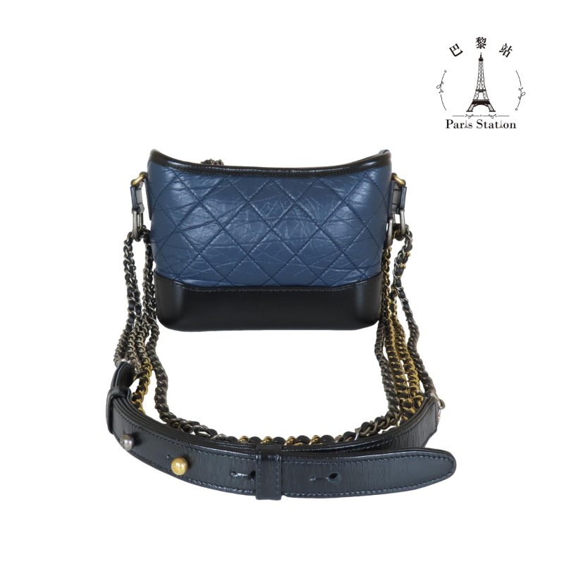 【巴黎站二手名牌專賣店】*現貨*CHANEL 香奈兒 真品*Gabrielle 經典藍黑拼接牛皮雙色金鍊 流浪包 斜背包 肩背包(小)-1