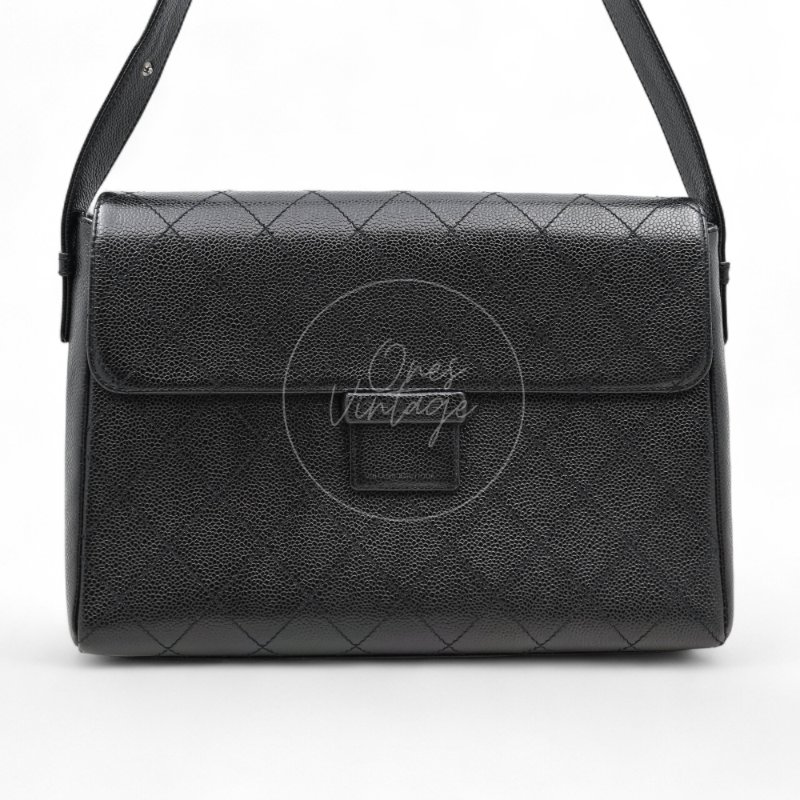 中古 Chanel 香奈兒 So Black 荔枝皮/魚子醬皮革 肩背包-1