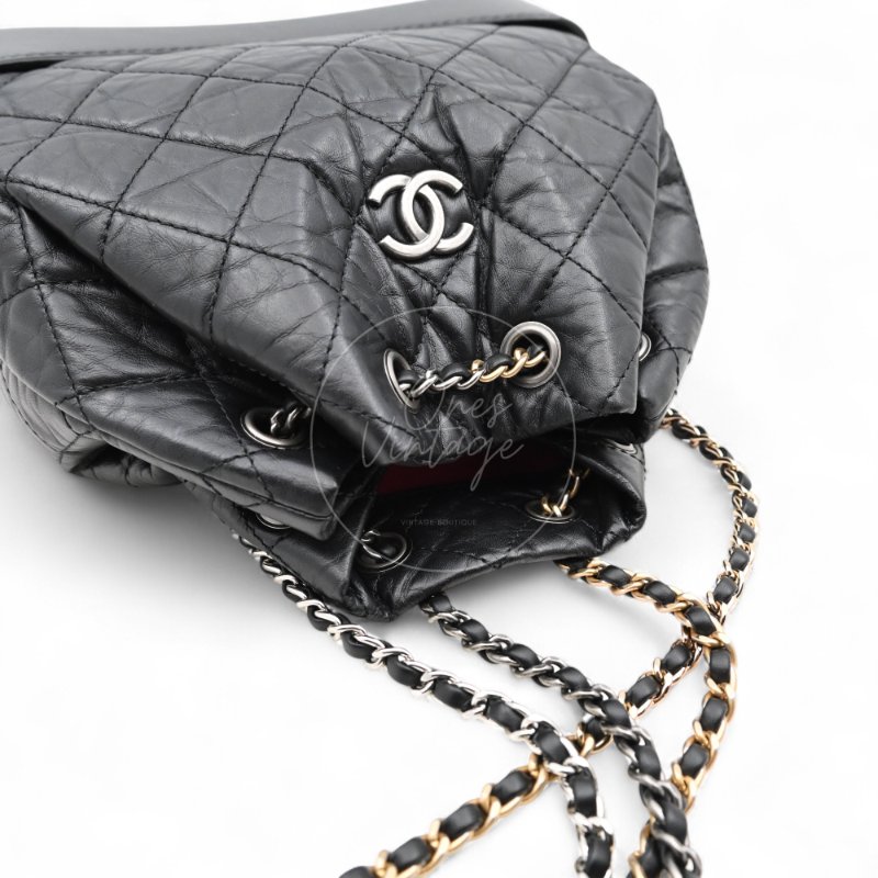 中古 Chanel 香奈兒 Black Calfskin 黑色小牛皮 Gabrielle嘉柏麗 流浪包系列 鏈條 後背包-6