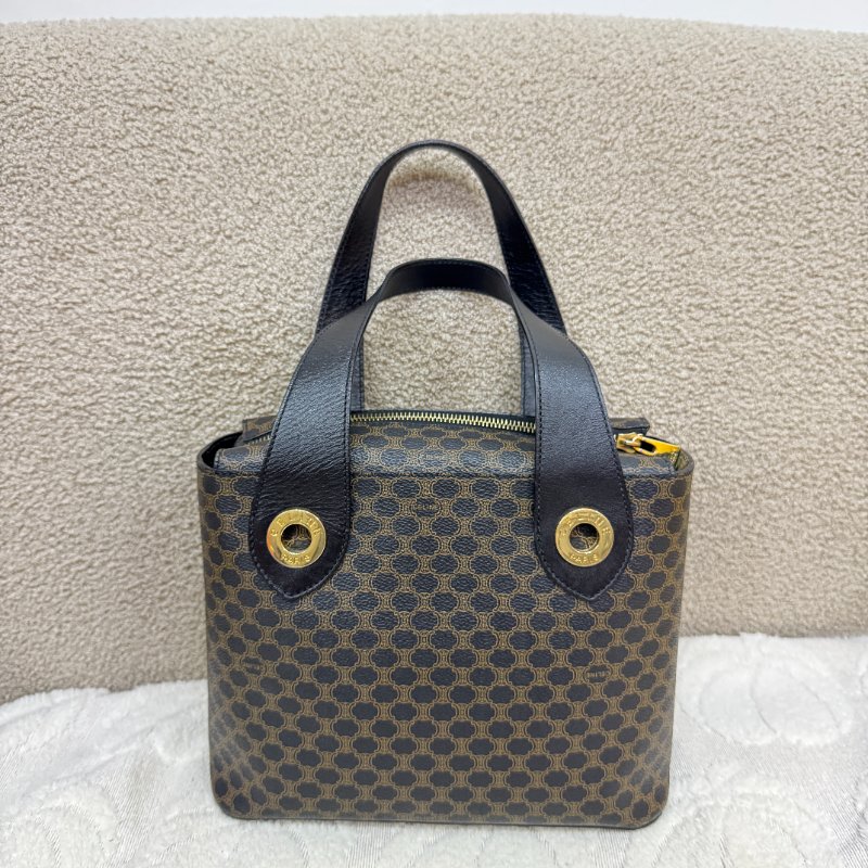 中古 Celine 賽琳 復古黑色 Macadam經典老花圖案 壓紋拉鍊 Hobo 包-0