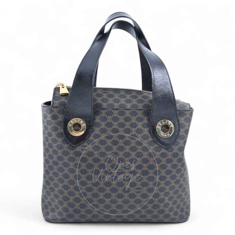 中古 Celine 賽琳 復古黑色 Macadam經典老花圖案 壓紋拉鍊 Hobo 包-1