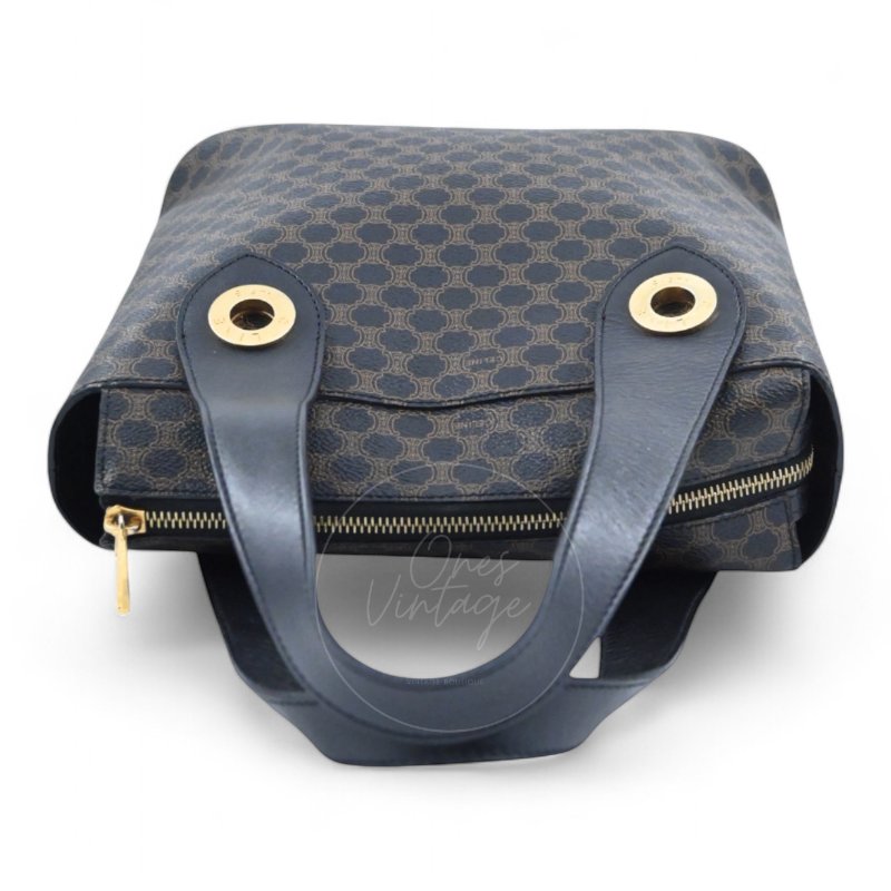中古 Celine 賽琳 復古黑色 Macadam經典老花圖案 壓紋拉鍊 Hobo 包-5