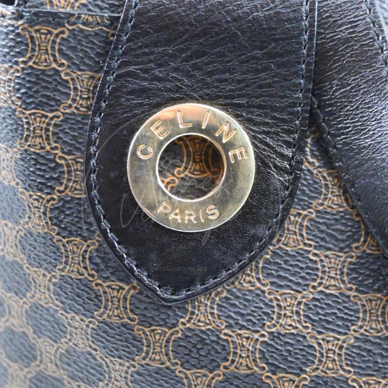 中古 Celine 賽琳 復古黑色 Macadam經典老花圖案 壓紋拉鍊 Hobo 包-7