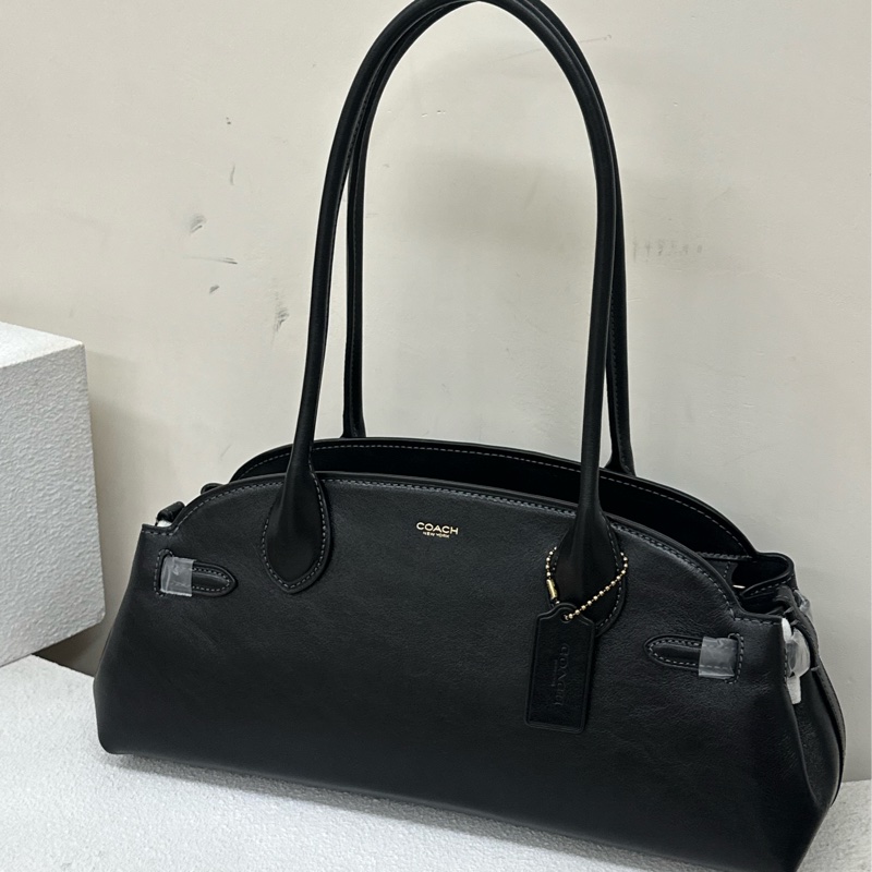 全新COACH Empire Carryall 34 金屬品牌徽標拉鍊開合 釉面皮革 單肩包 大號 黑色-0
