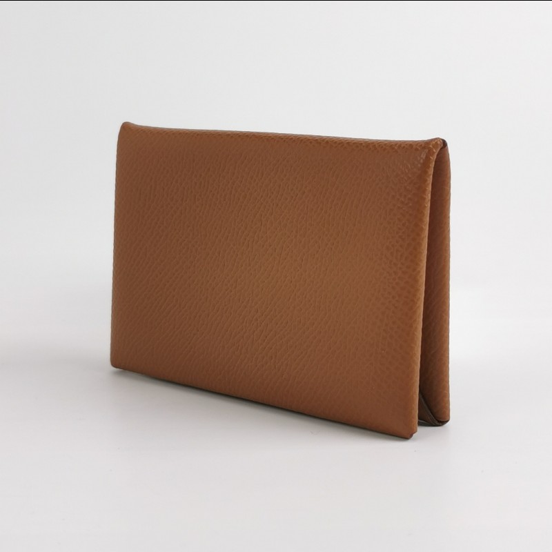 Hermes Calvi摺疊卡包Epsom銀扣37金棕U刻-1