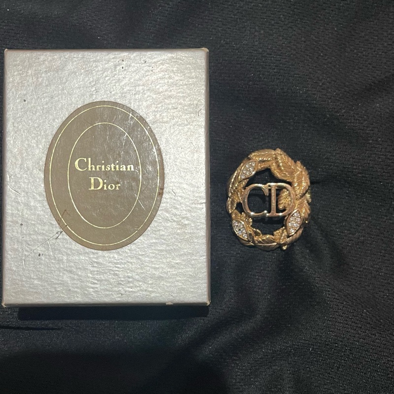 Christian Dior VINTAGE 金色CD樹葉水鑽胸針-0