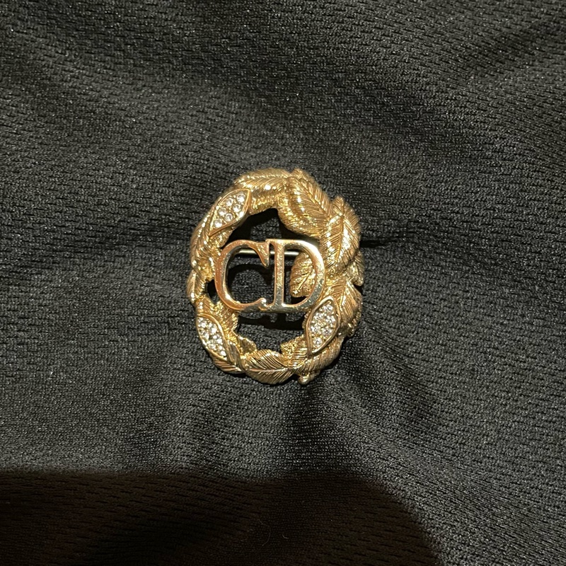 Christian Dior VINTAGE 金色CD樹葉水鑽胸針-1