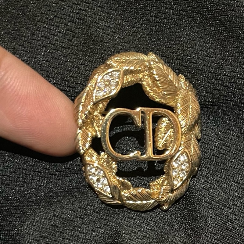 Christian Dior VINTAGE 金色CD樹葉水鑽胸針-9