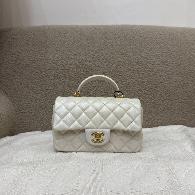 中古 Chanel 香奈兒 Classic Flap系列 珍珠色 荔枝紋/魚子醬紋路 方胖子 小包附提把 手把-0