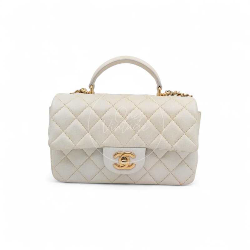 中古 Chanel 香奈兒 Classic Flap系列 珍珠色 荔枝紋/魚子醬紋路 方胖子 小包附提把 手把-1