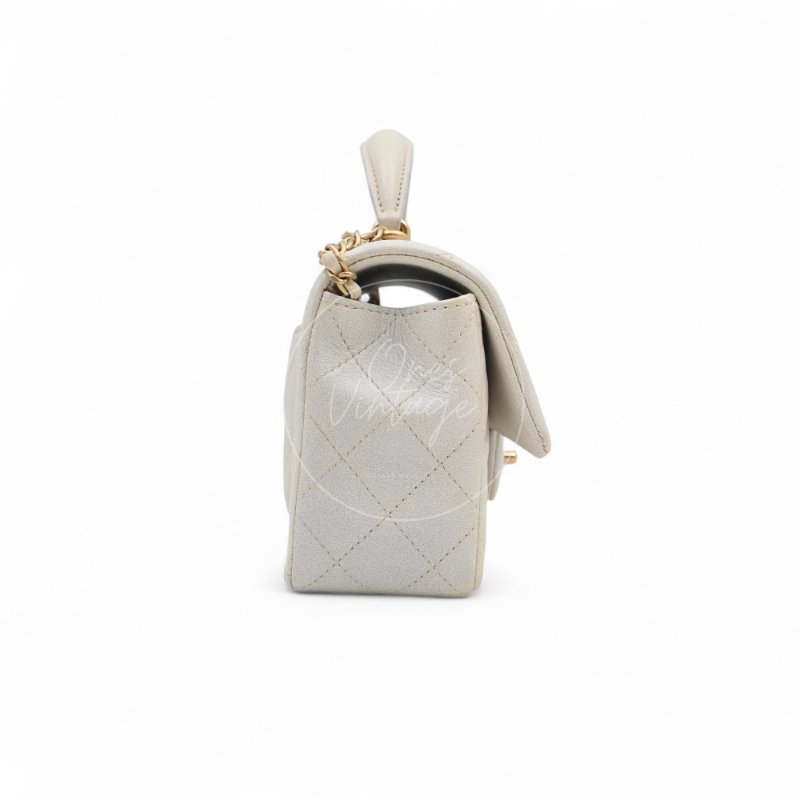 中古 Chanel 香奈兒 Classic Flap系列 珍珠色 荔枝紋/魚子醬紋路 方胖子 小包附提把 手把-2