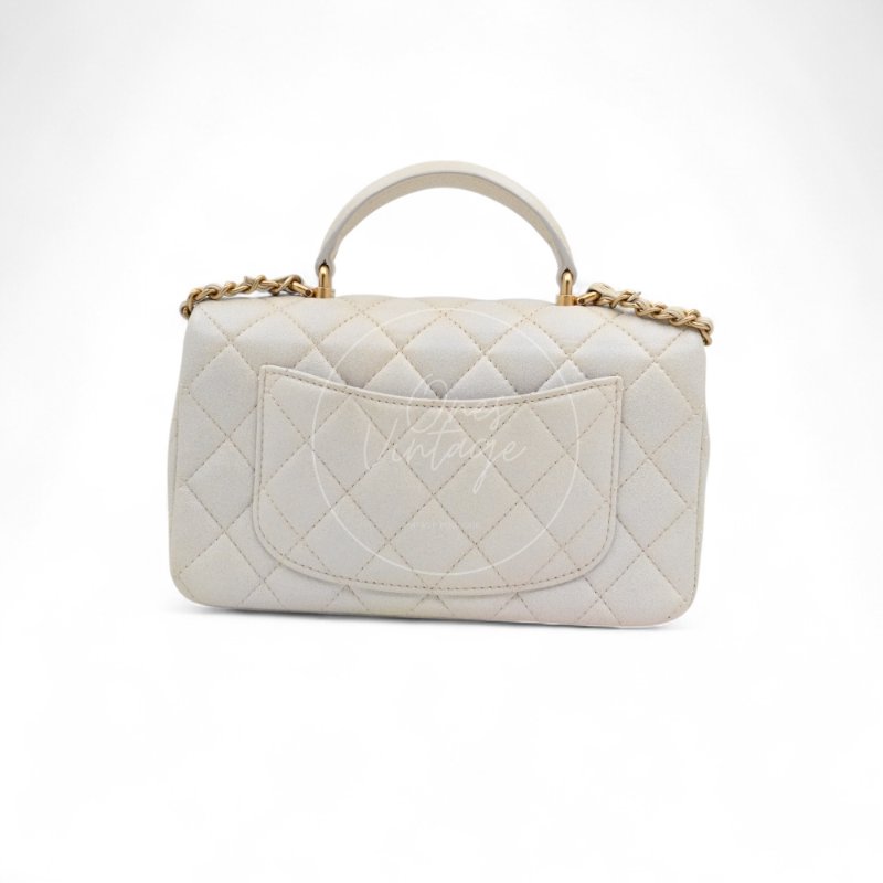 中古 Chanel 香奈兒 Classic Flap系列 珍珠色 荔枝紋/魚子醬紋路 方胖子 小包附提把 手把-3
