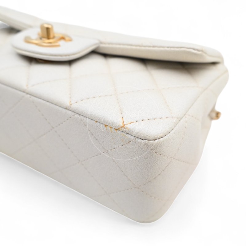 中古 Chanel 香奈兒 Classic Flap系列 珍珠色 荔枝紋/魚子醬紋路 方胖子 小包附提把 手把-7