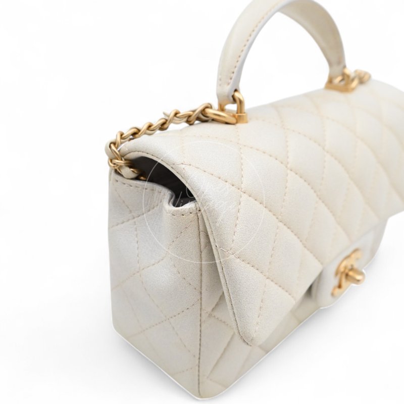 中古 Chanel 香奈兒 Classic Flap系列 珍珠色 荔枝紋/魚子醬紋路 方胖子 小包附提把 手把-9