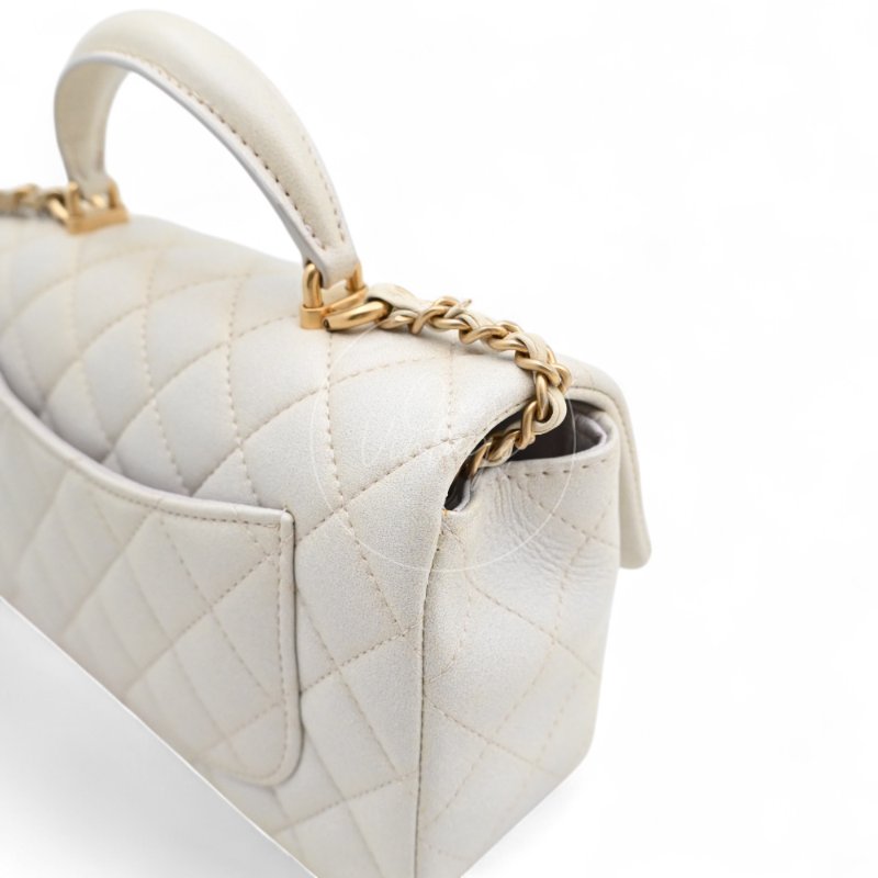 中古 Chanel 香奈兒 Classic Flap系列 珍珠色 荔枝紋/魚子醬紋路 方胖子 小包附提把 手把-10